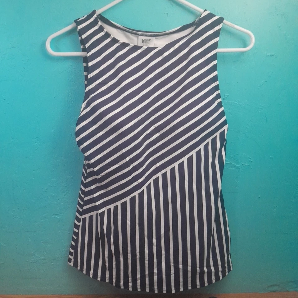 Camiseta de natación Lands End regular cuello alto a rayas azul marino/blanco talla 6 parte inferior talla 4 Foto 2 de 4
