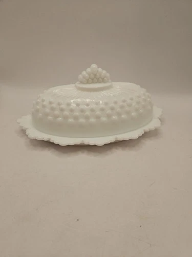 Vintage Fenton White Milk Glass Hobnail Oval Covered Butter Dish Crown Lid 8"