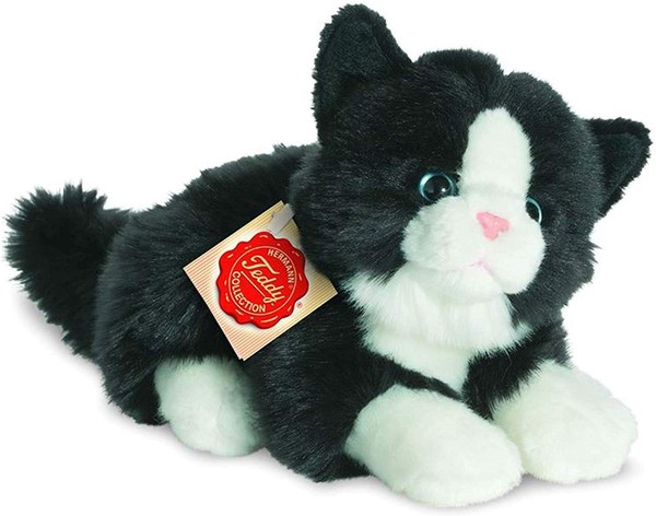 Hermann Teddy Katze Liegend Schwarz-Weiß 28 Cm Kuscheltier PlüSchkatze Stofftier-image