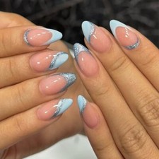 Light Blue French Tip Press on Nails Medium Almond - QUNQINLI Fake Design AB2