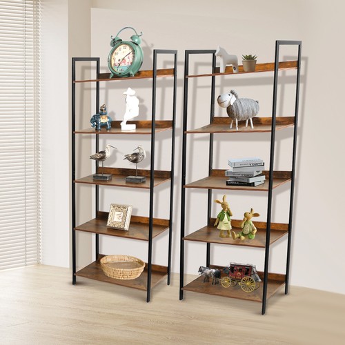 5 Tiers Triple Wide Industrial Bookcase Large Bookshelf for Living Room Brown - Picture 4 of 8