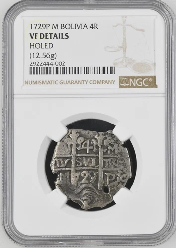 4R Cob Bolivia, NGC VF details, holed