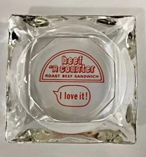 Vintage Beef 'n Counter Roast Beef Sandwich Square Glass Ashtray 3.5" x 3.5"