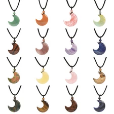 32mm Natural Gemstone Carved Crescent Moon Healing Pendant Necklace 22"