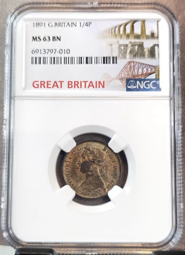 1891 GREAT BRITAIN 1/4 PENNY QUEEN VICTORIA FARTHING NGC MS 63 BN BEAUTIFUL COIN