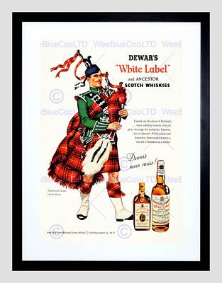 VINTAGE AD WHISKY ALCOHOL DEWAR'S WHITE SCOTCH TARTAN FRAMED PRINT B12X11464