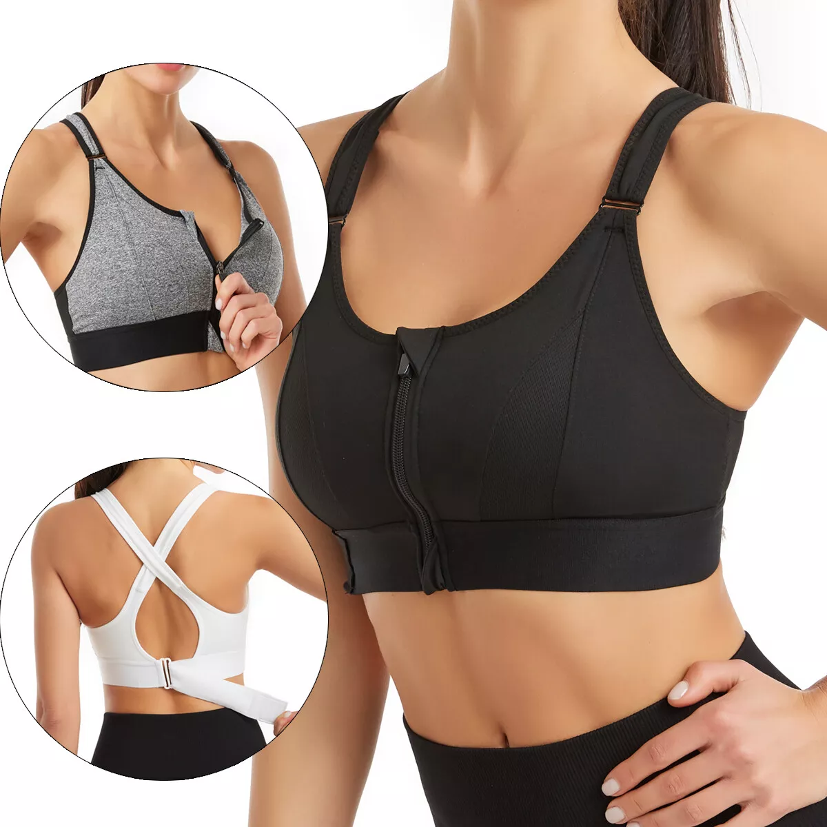 Women Front Zipper Closure Padded Yoga Sports Bra High Support Adjustable  Straps