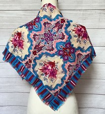 Vintage Glentex Blue Floral Acrylic Square Scarf Fringe Japan 29"