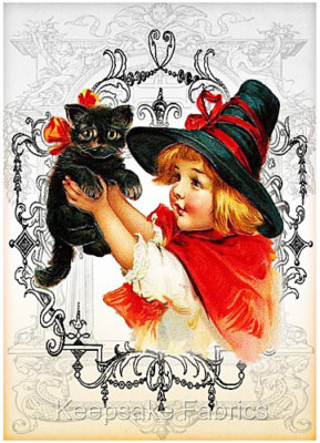 Little Witch Holds Black Cat Cotton Crazy Quilt Block Multi Sizes (H2