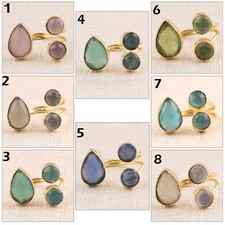 Pear Round Colorful Chalcedony Gold Plated Handmade Adjustable Rings For Women
