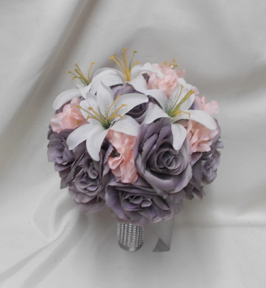 18 Piece Package Silk Flower Wedding Bridal Bouquet Grey White Lily Peach Blush - Image 3 of 4