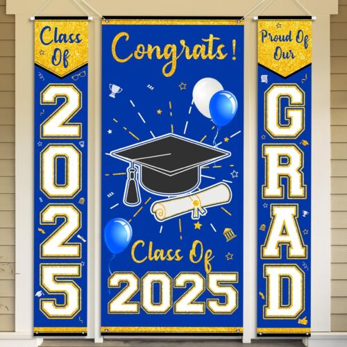 Blue and Gold Graduation Porch Sign Banner Decorations Calss Of 2025 3Pcs Blu...