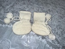 Vtg knit baby booties 1930s-40s white with Pom poms