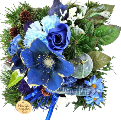 Grabschmuck Gesteck Kissen knstliche Blumen Tanne Christrose Blau Friedhof  | eBay