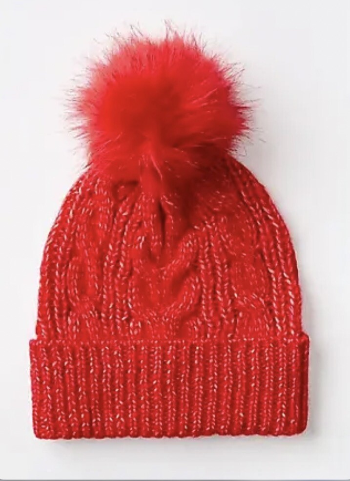 LOFT NWT Cable Pom Pom Beanie - Tango Red | eBay display picture 1