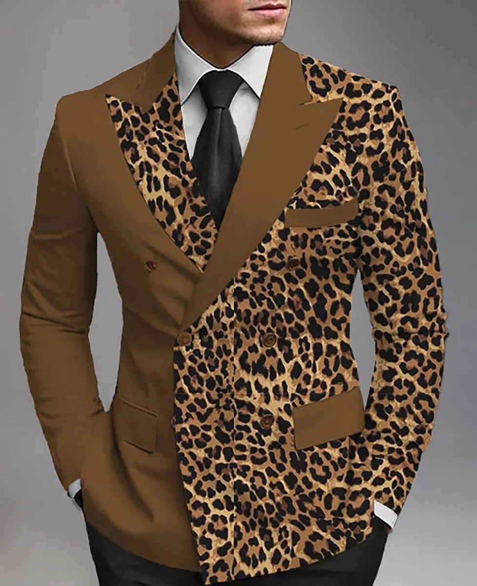 Streetshot Men's Suit Leopard Banquet Peak Label Double Breasted