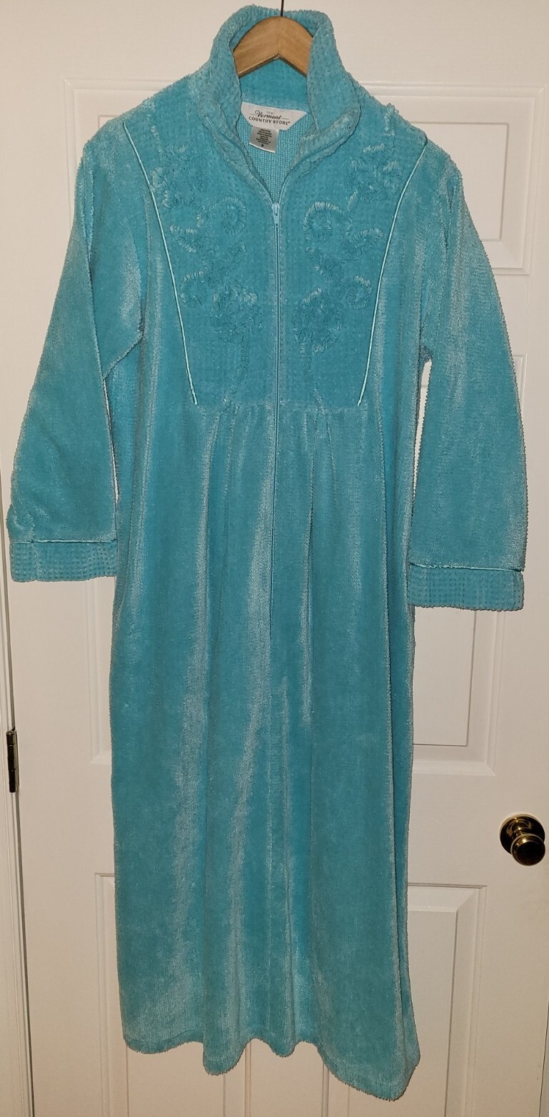 The Vermont Country Store Aqua Cotton Terry long Robe sz. SMALL zip