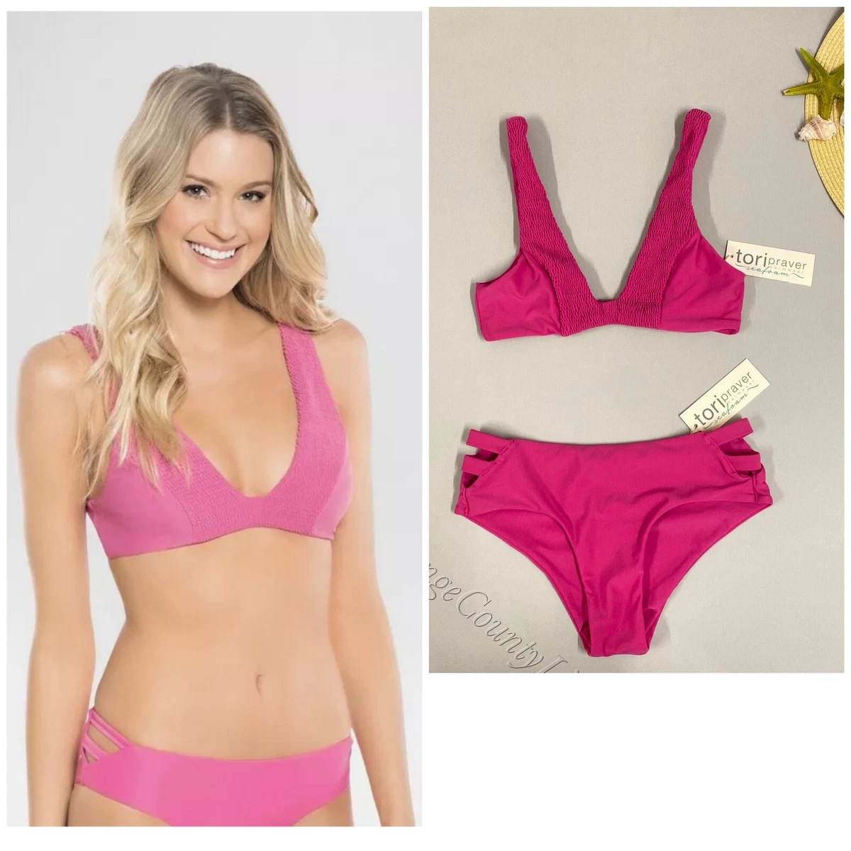 Women s Tori Praver Seafoam Smocked Bikini Swim Set Top Bottom pink Size Small