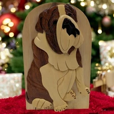 Carver Dans Wood Bulldog Dog Puzzle Trinket Box Brown Hand Carved Hidden Stash