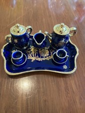 Limoges CASTEL Porcelain Cobalt Blue/Gold Vintage Miniature Tea Set 8 PC. 