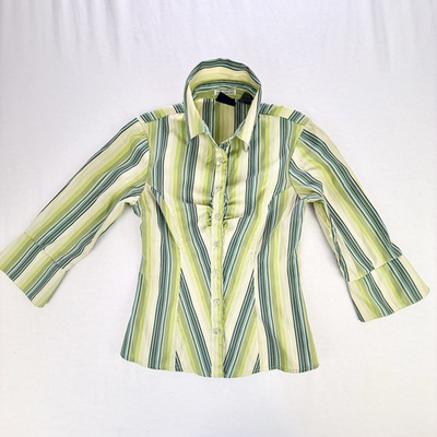#ad #ad Vintage Cotton Works Stretch Green and Teal Fitted Striped Button Up Small Y2K $27.00