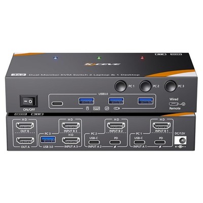 USB 3.0 KVM Switch 3 PC 2 Monitore HDMI USB-C 4K@60Hz 85W Ladung