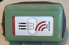 ILI Genuine Leather 2 Tone Zip Around Pouch In Sage/Eggplant With RFID