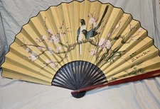 Vintage Large Asian Wall Fan 44" Hand Painted Birds Cherry Blossoms Calligraphy