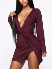 Fashion Nova Sugar Frenzy Dress Eggplant Color Deep V-Cut Club Wear Size XL