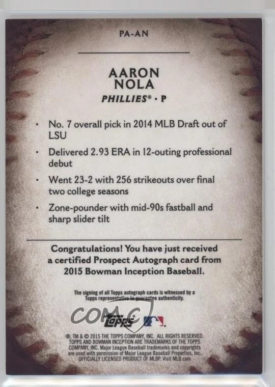 2015 Bowman Inception Prospect Auto Blue /150 Aaron Nola #PA-AN Auto - Image 2 of 2