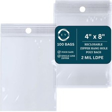 2 Mil Clear Reclosable Zip Poly Bags 4 x 8 Inch with Hang Hole (100–1000 Pack)