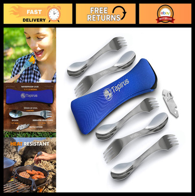 Durable 5-Piece Stainless Steel Spork Set - 8'' Utensils for Camping, Fishing, Hu