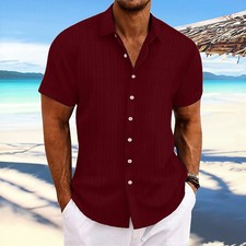 Mens Button Up T Shirts Tops Summer Beach Short Sleeve Striped Casual Blouse