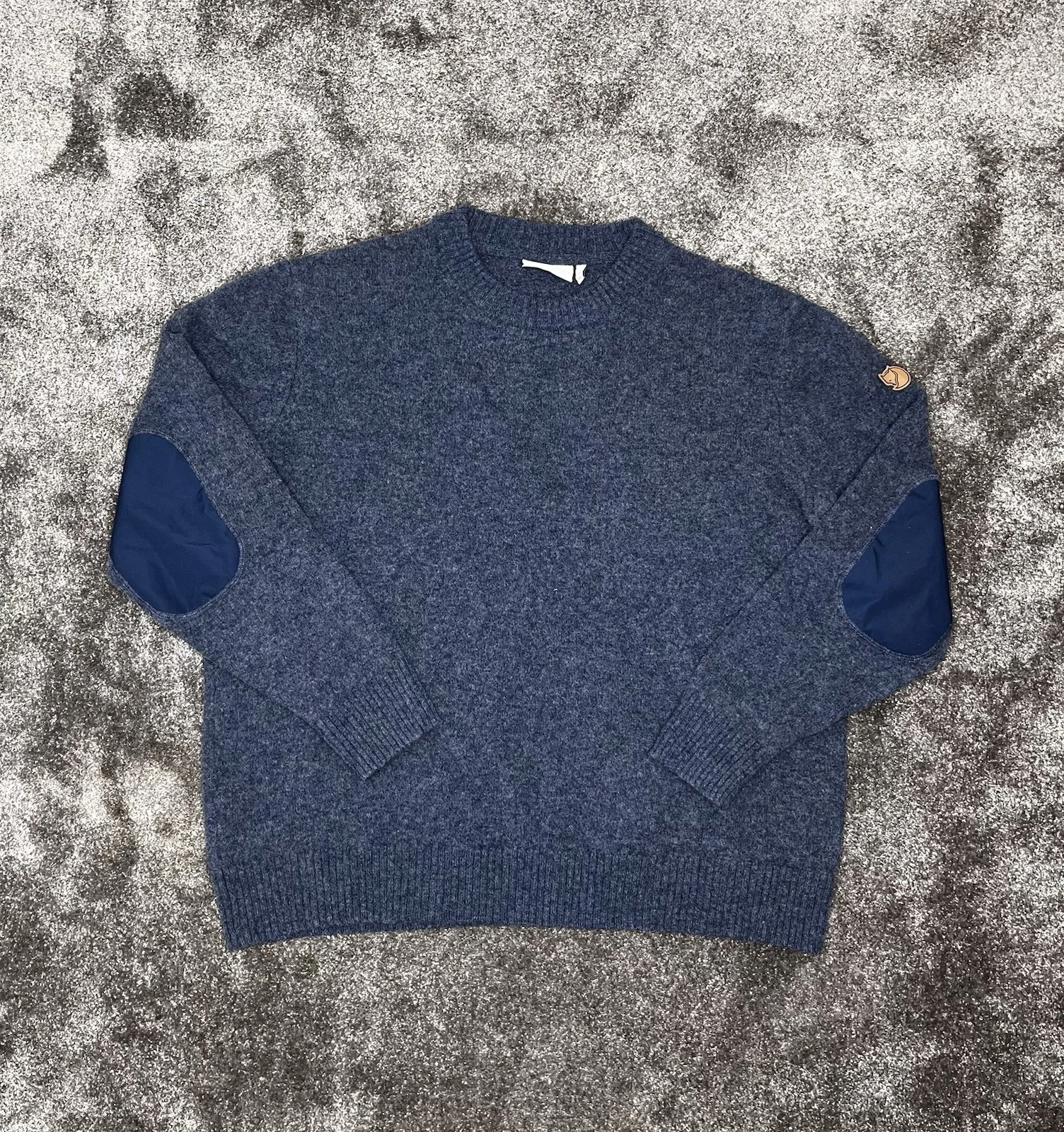 Fjallraven Sormland Crew Sweater Mens L Blue Wool Double Elbow Knitwear Outdoor