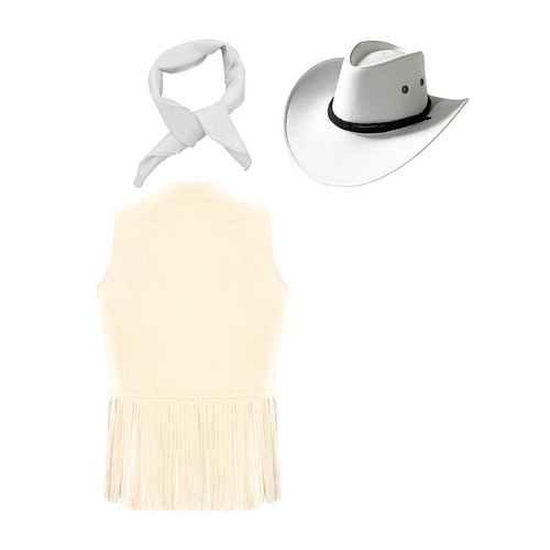 Kids Girl Boy 3Pcs Cowgirl Outfits Waistcoat Matched Drawstring Cowboy Hat Scarf - Photo 8/56