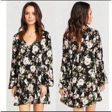 NWT Show Me Your Mumu Donnie Blk Rose Floral Trapeze Dress Size LG Keyhole Back
