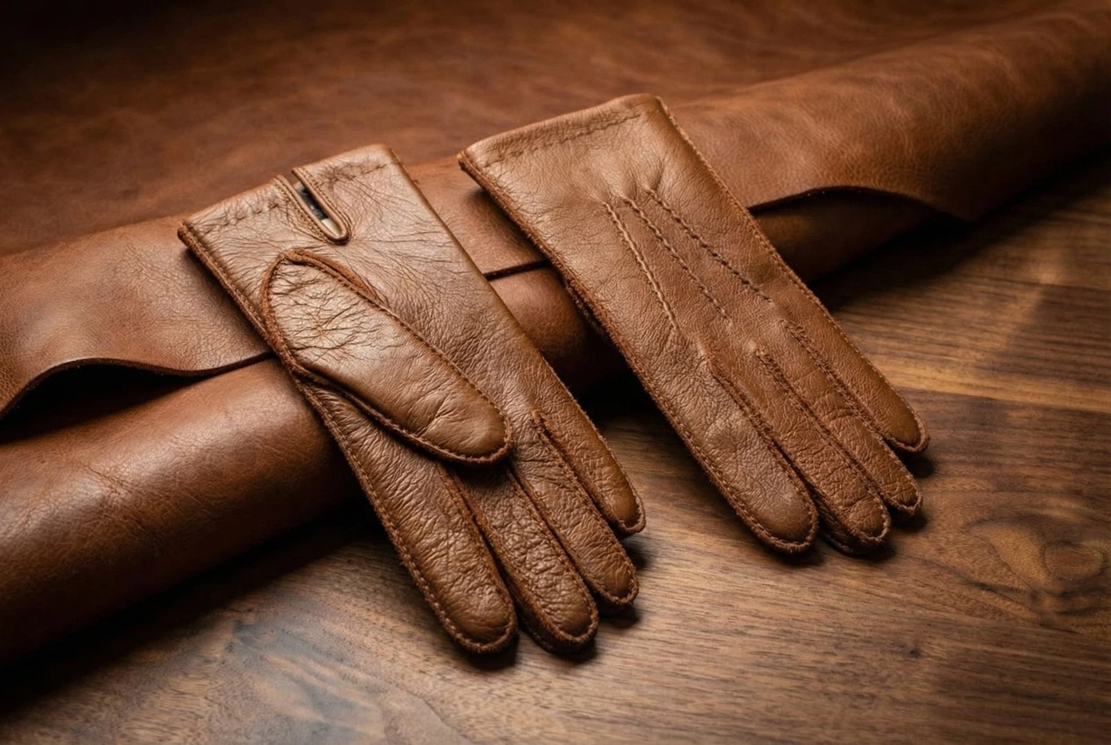 Men’s Camel Brown Deerskin Winter Gloves with Rabbit Fur Lining