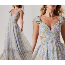 ASTR The Label Floral Cutout Maxi Dress Pink Blue Pleated Lace Up Back Small