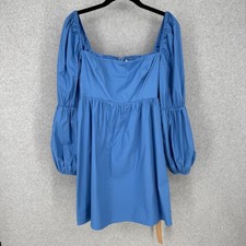Reformation Michaela Mini Dress Size 6 Azure Long Puff Sleeve Square Neck NEW