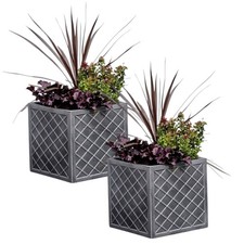2 Large Square Lazio Planters Grey Lattice Style Plastic Patio Plant Pot 39.5cm