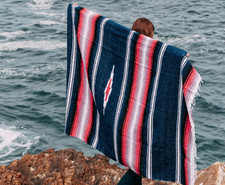 Authentic Mexican Blanket Blue Pink Diamond Stripe  Yoga Blanket Picnic Throw