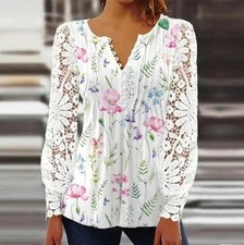 Women V Neck Lace Long Sleeve Tops Button Up Ladies OL Work Casual Blouse Shirt