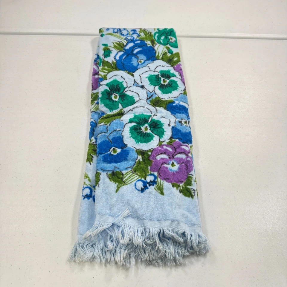 vintage cannon bath towel blue floral peony fringe cotton rectangle mcm usa - Image 2 of 4