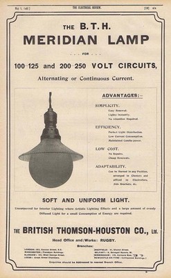 BRITISH THOMSON-HOUSTON CO Meridian Lamps - Antique Engineering Advert 1905