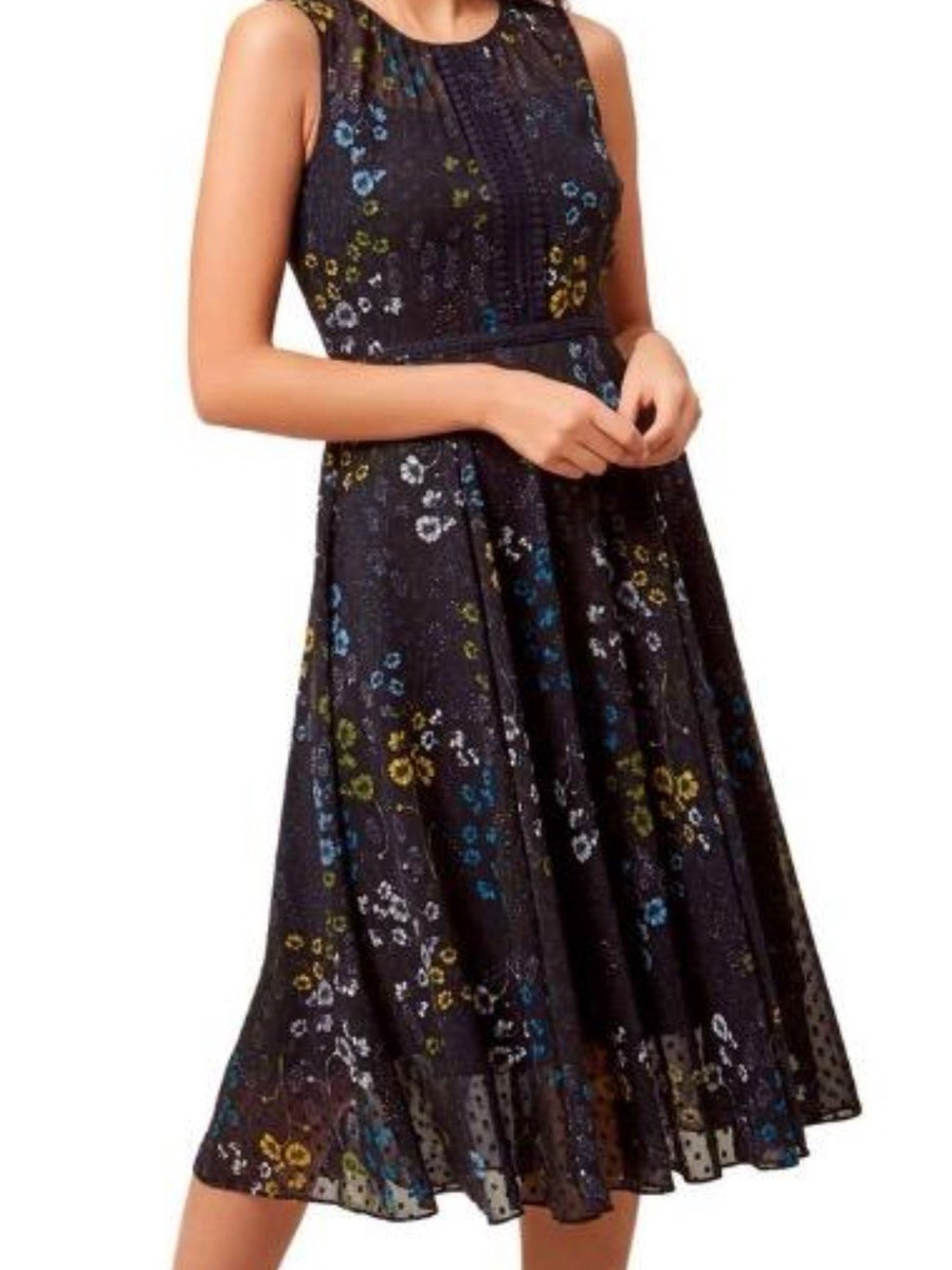 Hobbs London Liza Navy Floral Swiss Dot Fit & Flare Midi