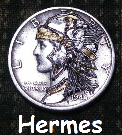 Hobo Nickel hand carved original by J&M Tarantula 90% Mercury dime