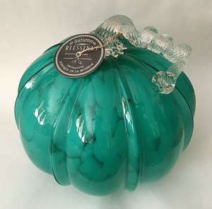 New LARGE 10" Wide Art Glass TEAL Pumpkin with Swirls & Clear Curly