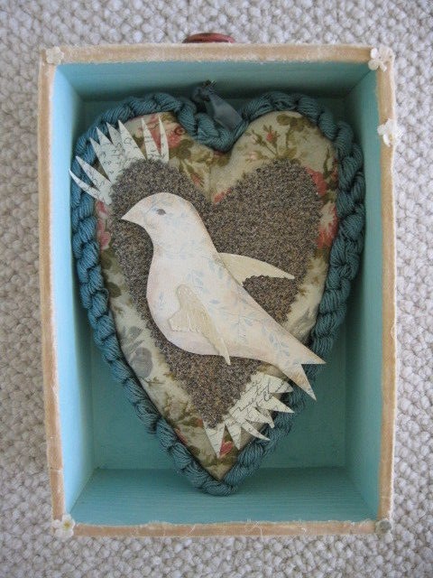 One of Kind Shadow Box Art from Stacey Bear - Paper Bird Silver Glitter Heart