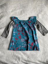 Tea Collection Girl Dress Blue Grey Long Sleeve Size 6-12 mos Floral (TD17)