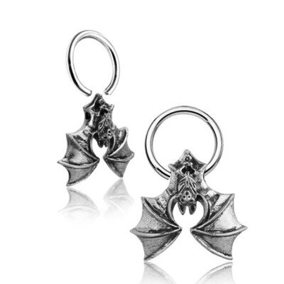 PAIR HANGING BAT CBR RINGS NIPPLE EAR GAUGES HOOPS EARRINGS PLUGS SILVER